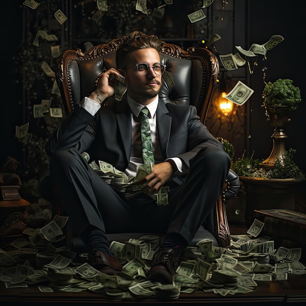 Foto homem de negócios sentado em uma cadeira com dinheiro tomando banho
