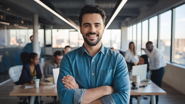 Homem de negócios sorrindo em seu local de trabalho