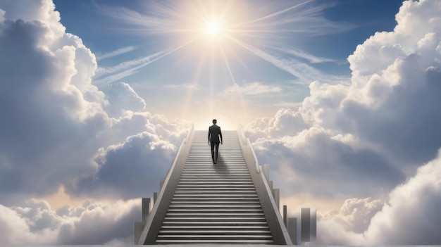Homem de negócios subindo uma escada para o sucesso com fundo de céu azul conceito de estrada para o sucesso