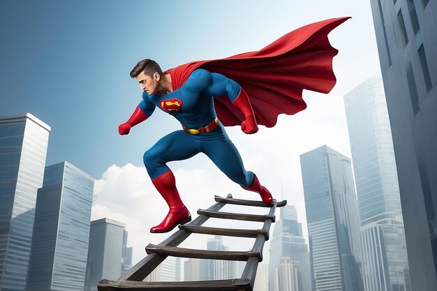 Homem de negócios super-herói fly pass homem de negócios subindo a escada conceito de competição de negócios