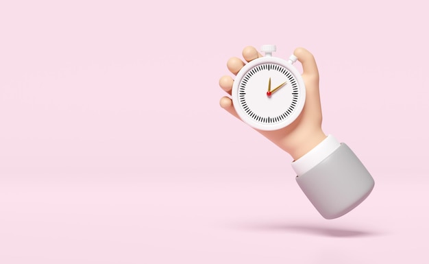 Foto homem de negócios timing sucesso com cronômetro branco na mão isolado em fundo rosa 3d render ilustração clipping caminho