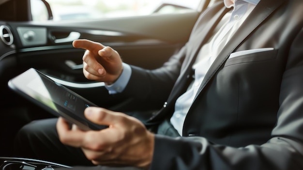 Homem de negócios trabalhando em um tablet enquanto estava sentado em um carro