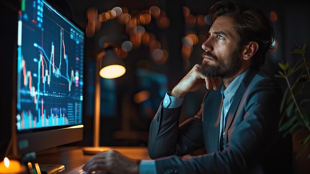 Homem de negócios triste e deprimido no escritório vestindo terno à noite olhando para a tela do computador do gráfico de negociação