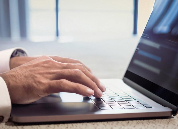 Homem de negócios usando laptop Closeup de mão com holográfico cinema luz gráficos generativo ai ilustração