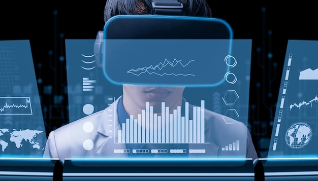 Homem de negócios usando óculos com óculos para verificar o gráfico de negócios de óculos VR virtual global