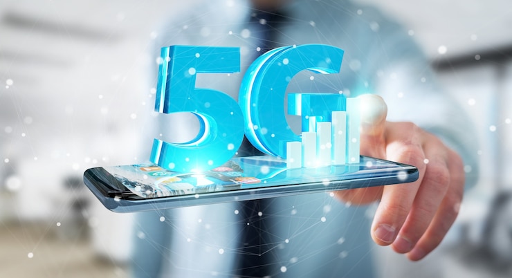 Foto homem de negócios usando rede 5g com telefone celular, renderização 3d