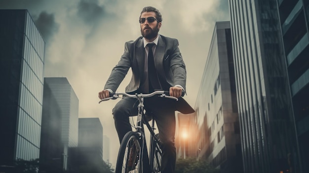 Foto homem de negócios vestido de fato e andando de bicicleta para o trabalho