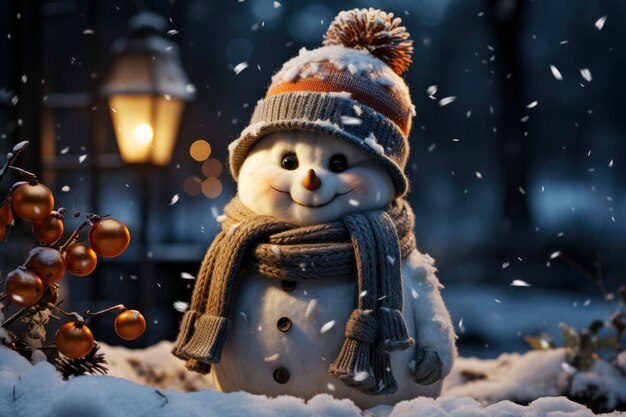 Homem de neve alegre em cena invernal com fundo urbano coberto de neve irradiando espírito festivo