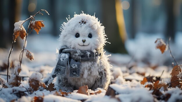 Homem de neve alegre no parque coberto de neve à noite