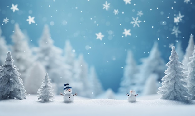 Homem-de-neve bonito e paisagem florestal de neve Decoração e fundo de inverno