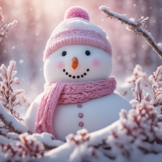 Homem-de-neve bonito usando um lenço rosa em uma área coberta de neve e fundo de luz bokeh