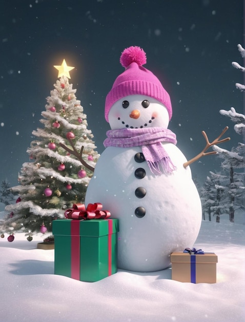 Homem de neve com árvore de Natal e cartão de Natal de presente