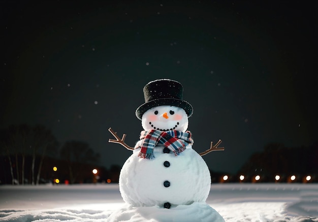 homem de neve com cachecol e chapéu na paisagem de inverno