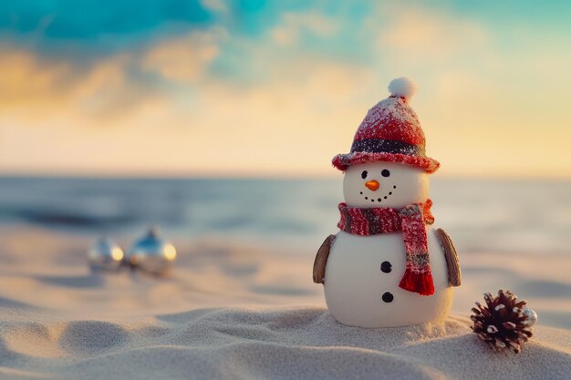 Homem de neve com chapéu vermelho e lenço na praia