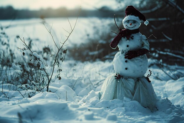 Homem de neve com chapéu vermelho e vestido branco na floresta de inverno