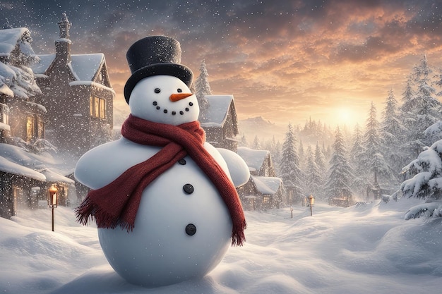 Homem de neve com cidade de inverno