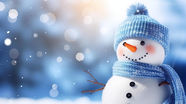 Homem de neve com lenço e chapéu em fundo de inverno com bokeh IA gerativa