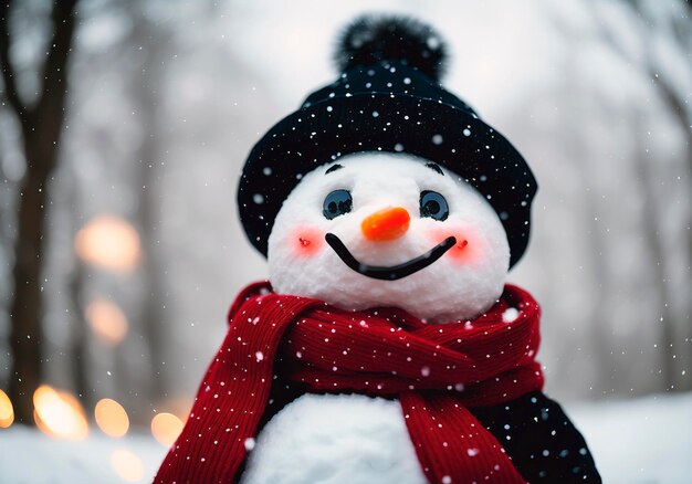 Homem de neve com lenço e chapéu em paisagem de inverno