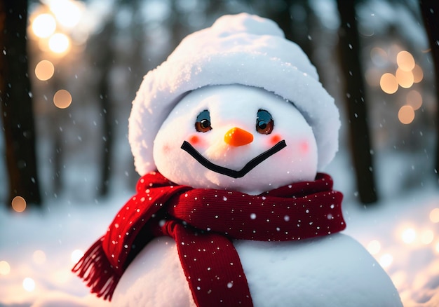 Homem de neve com lenço e chapéu em paisagem de inverno