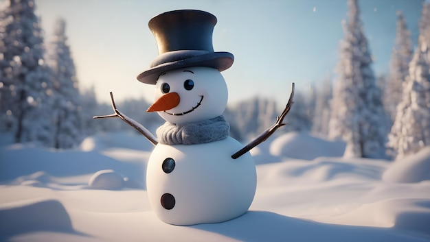 Homem de neve com paisagem de inverno e neve 3d ainda Pixar curta-metragem de animação