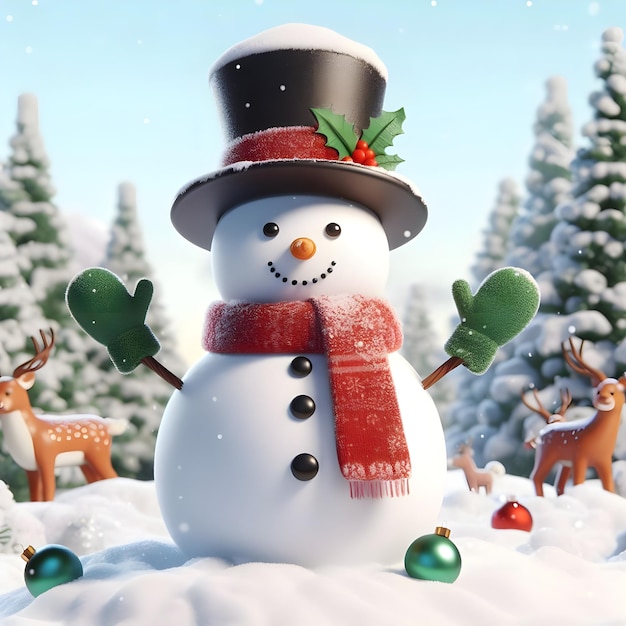 Homem de neve com vassoura e árvore de Natal no fundo ilustração 3d