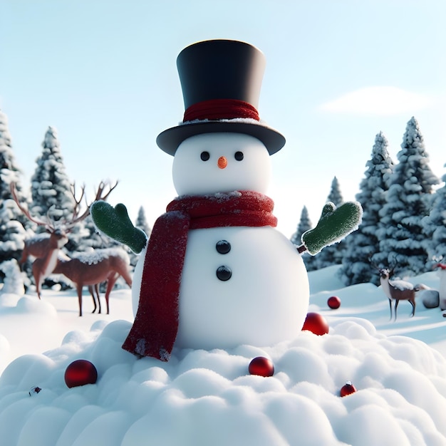 Homem de neve com vassoura e árvore de Natal no fundo ilustração 3d