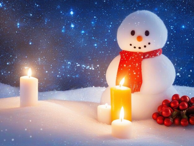 Foto homem de neve com velas e bolas de natal em fundo de neve de natal