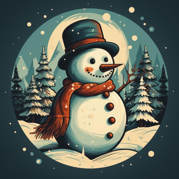 Homem de Neve de estilo retro Uma ilustração de cartão de férias vintage