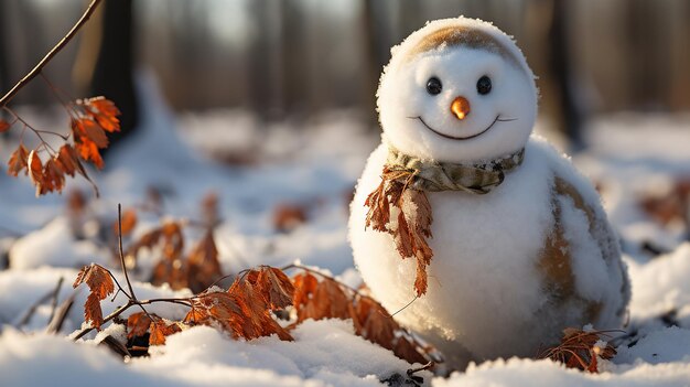 Homem de neve de inverno olhando para a câmera em uma cena de neve brilhante