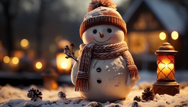 Homem-de-neve de Natal com decoração de luzes em close-up extremo IA gerativa