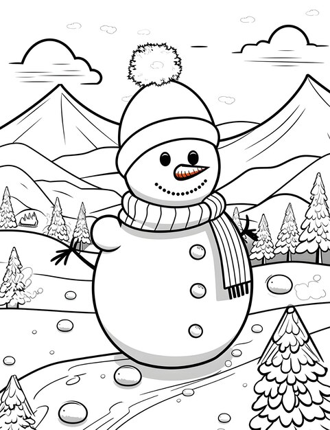 Foto homem-de-neve de natal com paisagem de inverno e página de livro de colorir neve para crianças