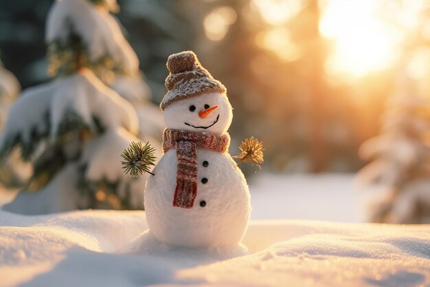 Homem de neve e árvore de Natal coberta de neve em fundo