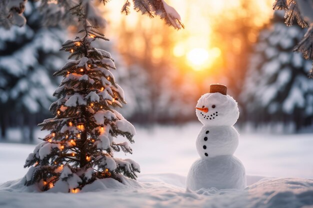 Foto homem de neve e árvore de natal coberta de neve em fundo