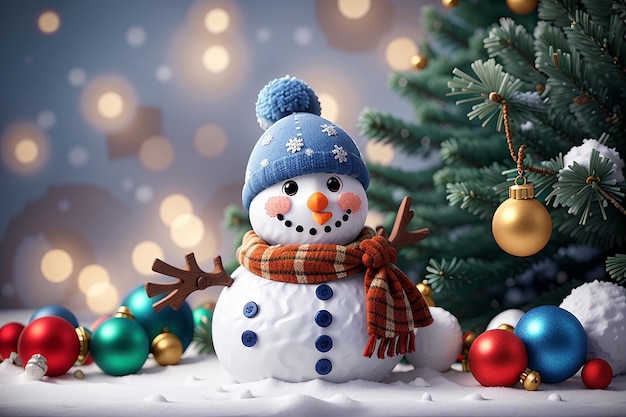 Homem-de-neve e decoração de árvore de Natal fundo ou bandeira de férias de temporada