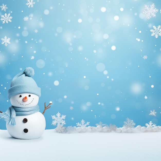 Homem de neve e floco de neve em fundo branco e azul desfocado com espaço de cópia para design bonito e fresco