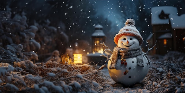 Homem de neve em um fundo desfocado luzes brilhantes cartão postal IA geradora