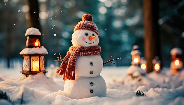 Homem de neve em uma cena de Natal de inverno com pinheiros de neve e luz quente IA geradora