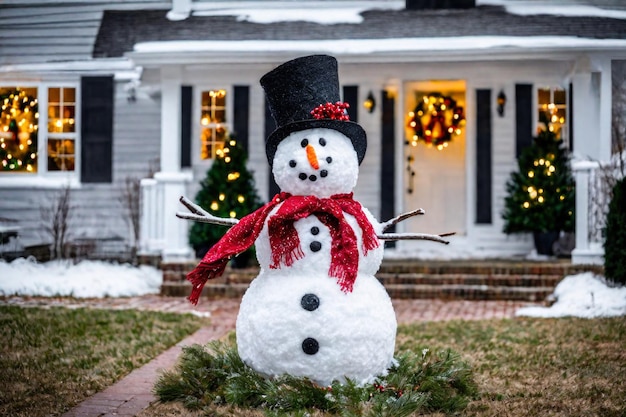 Foto homem de neve engraçado decorado para o natal no quintal tradicional celebração do ano novo