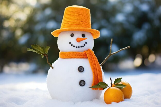 Foto homem de neve feliz com tangerinas feriado fundo de inverno para feliz natal e feliz ano novo