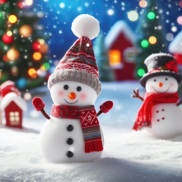 Homem de neve feliz de pé na paisagem de Natal