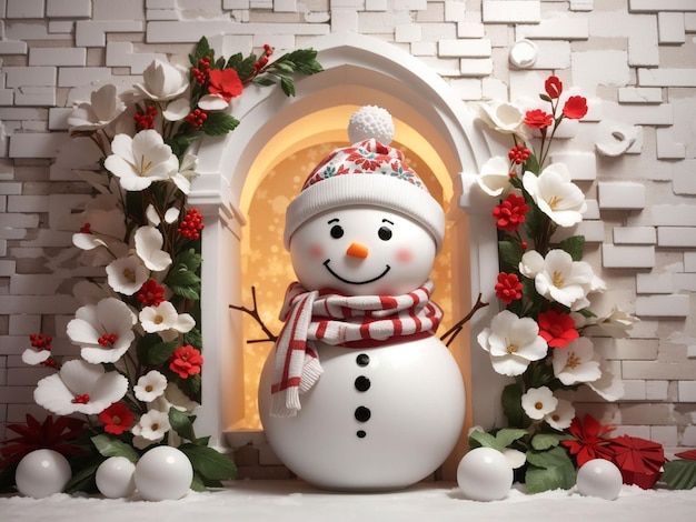Homem de neve fofo 3D na parede floral fundo de Natal Natal decoração de Natal pequeno boneco de neve