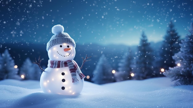 Foto homem de neve na floresta de inverno cartão de saudação de natal e ano novo ia geradora