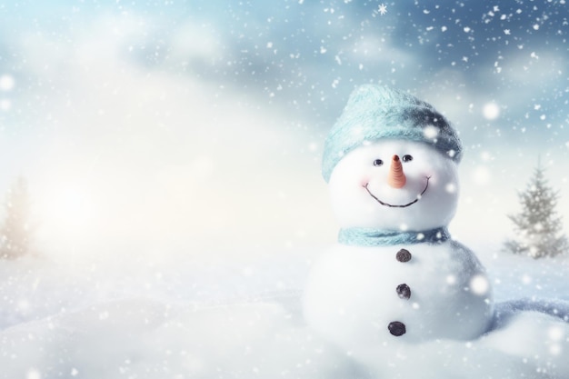 Homem de neve na floresta de inverno Natal e Ano Novo feriados fundo