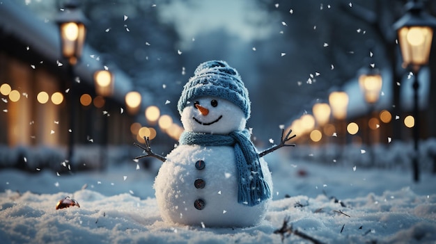 Foto homem de neve na neve árvore de natal fundo de natal