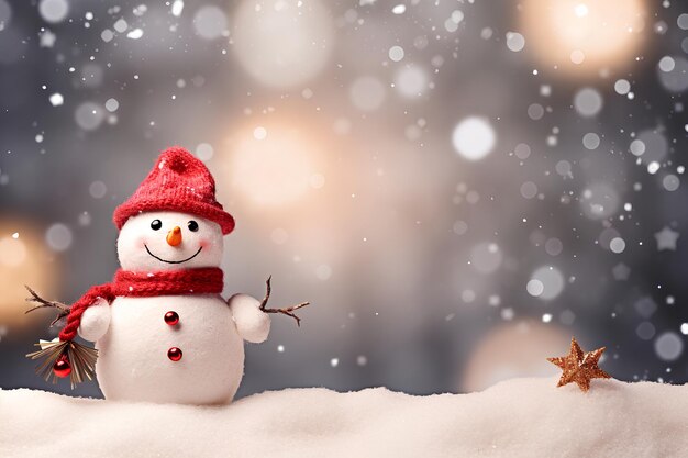 Homem-de-neve na neve, cercado de decorações de Natal
