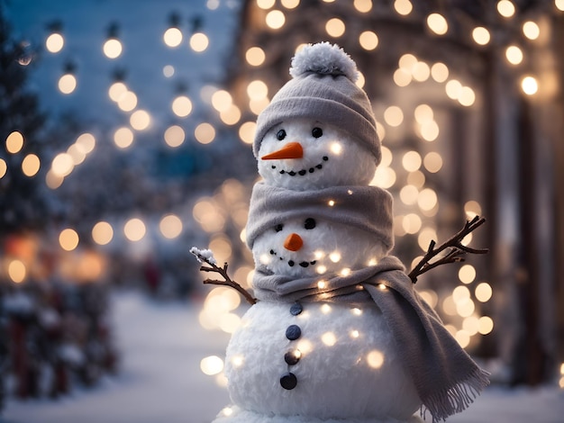 Homem de neve no fundo das luzes de Natal Ano Novo e conceito de Natal