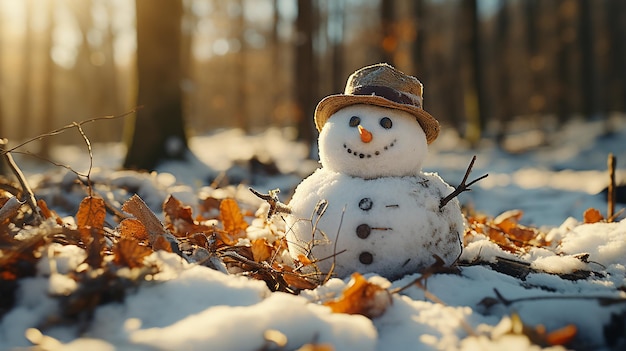 Homem de neve no inverno cena de Natal com pinheiros de neve e luz quente