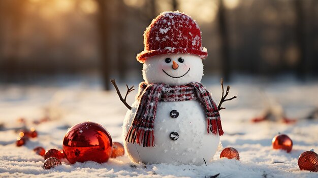 Homem de neve no inverno cena de Natal com pinheiros de neve e luz quente