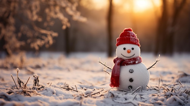 Homem de neve no inverno cena de Natal com pinheiros de neve e luz quente