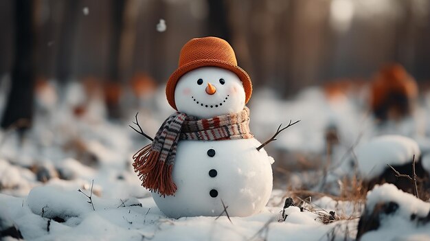Homem de neve no inverno cena de Natal com pinheiros de neve e luz quente
